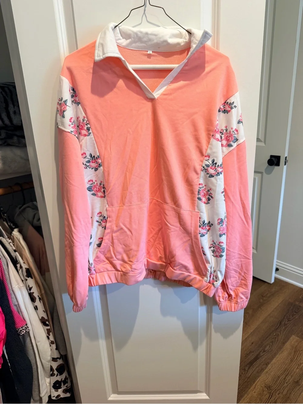 Coral Pink Floral-Panel Pullover Turtleneck Sweater
